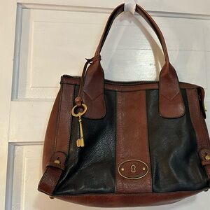 Fossil leather handbag, black with tan brown trim